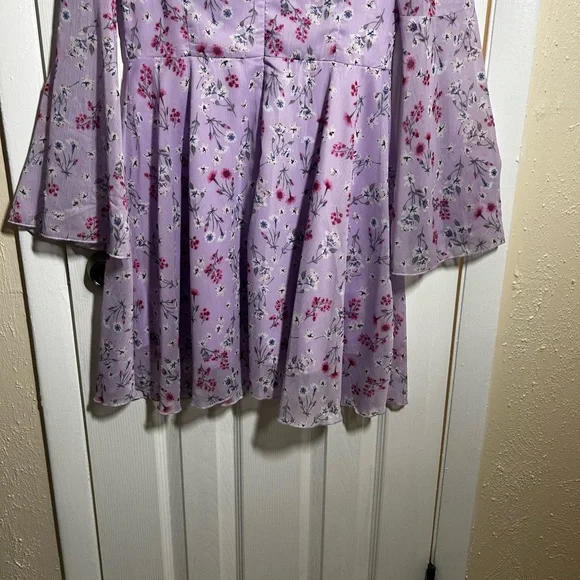 Double Crazy Purple Floral Dress Size Large Boho Bell Sleeve Empire Waist Flowy - Picture 15 of 15